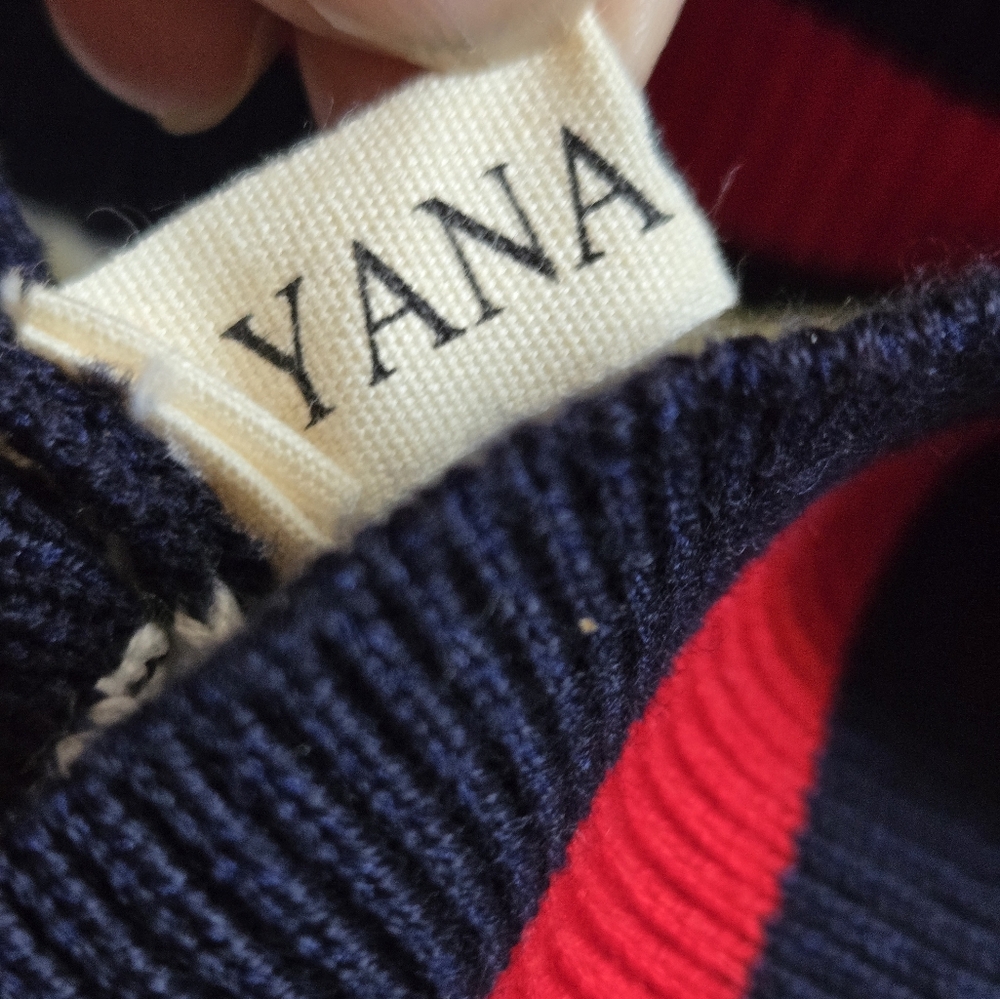 YANA Cream with Navy and Red Nautical Preppy Cardigan Sweater With Bow. Small - Picture 7 of 9